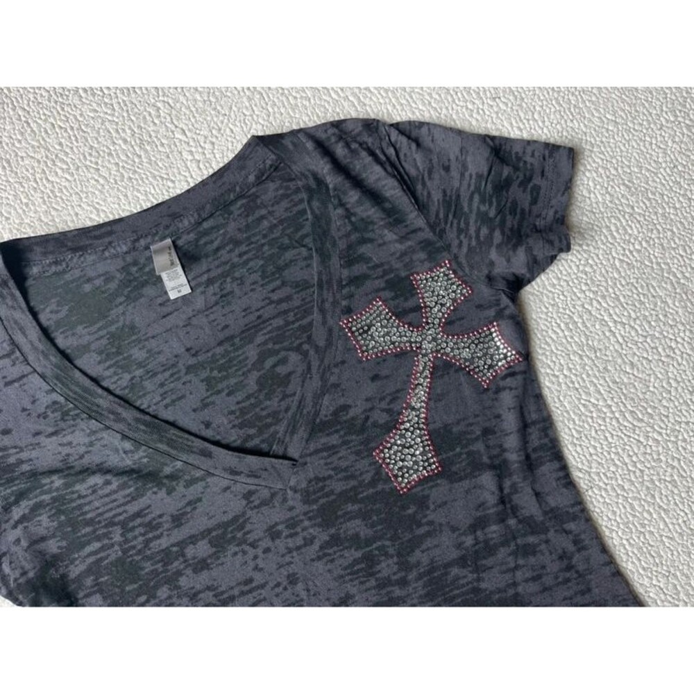 Vintage 2000s Next Level Rhinestone Cross Wing Grey Tshirt Womens Medium - Picture 4 of 8